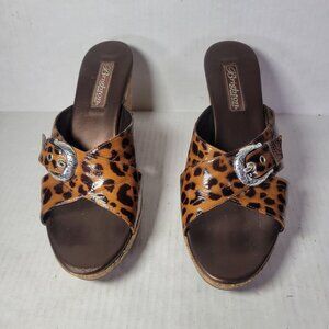 Brighton Leopard Print Cork Wedge Buckle Detail Sandals Women Size 9